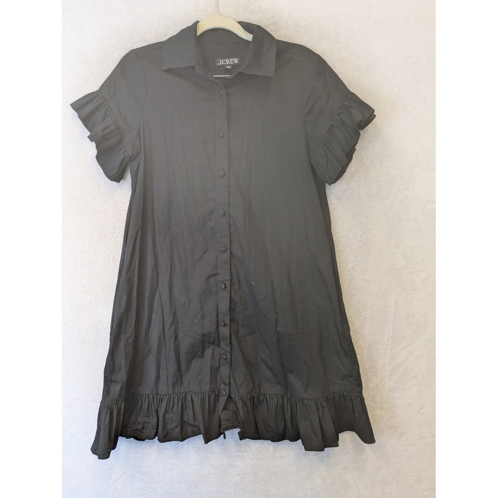 J.Crew Shirt Dress Women's XXS Black Ruffle Sleeve Button Front Pockets Poplin